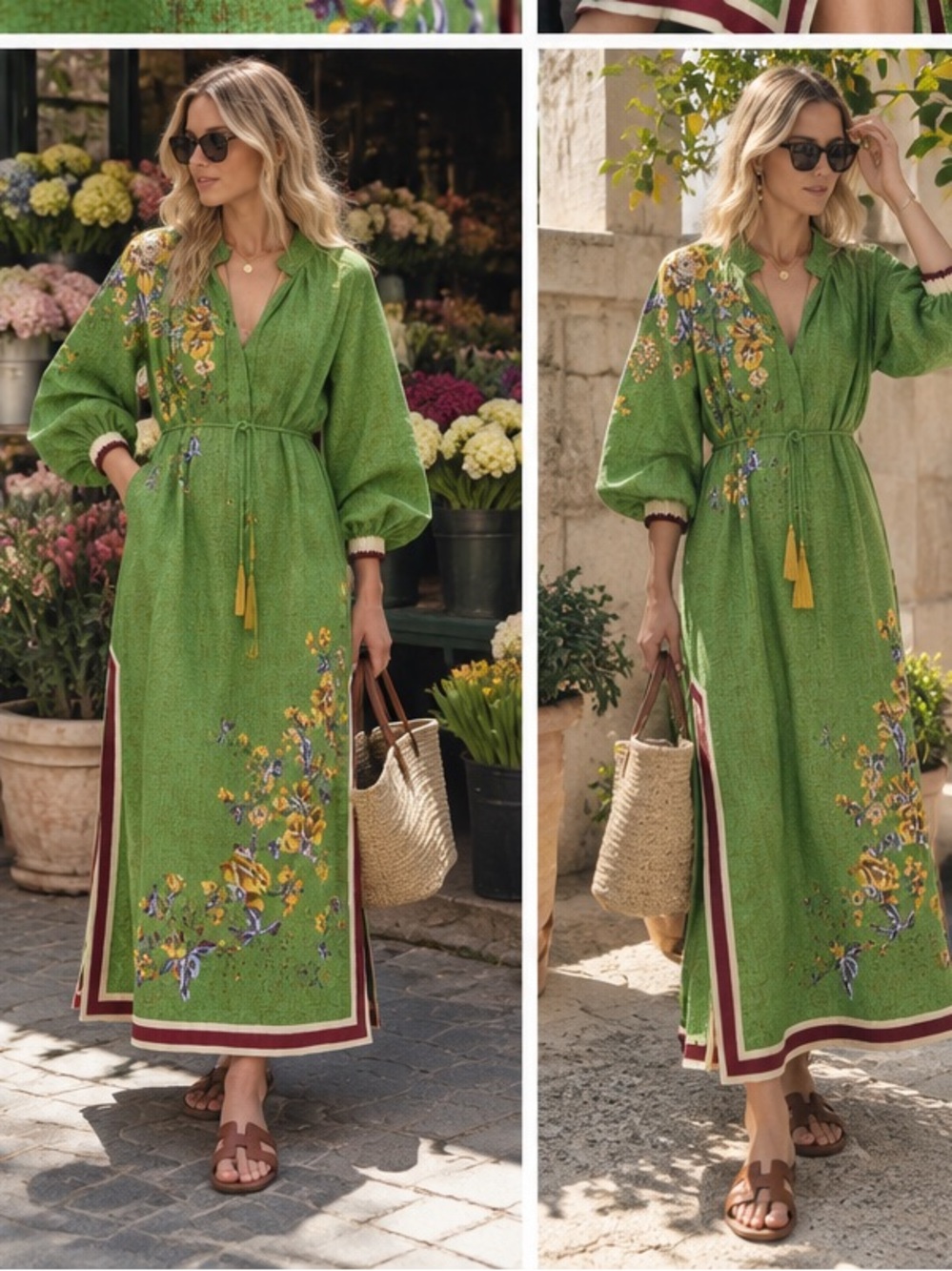 Alemais Green Floral midi Dress with Tassel Tie